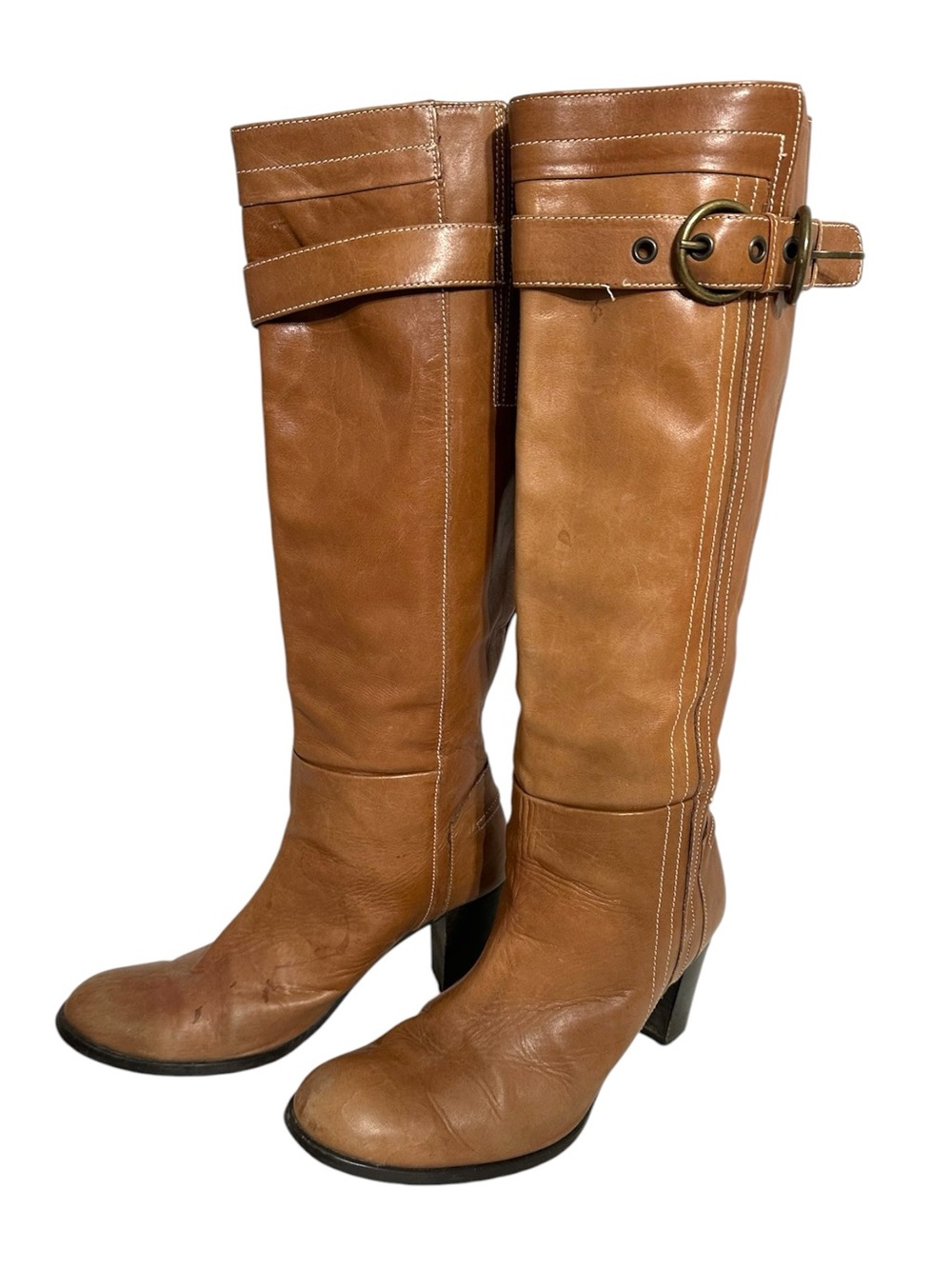 Prialpas Vintage Italian Tan Knee High Heeled Riding Boots Buckle Detail Size 38
